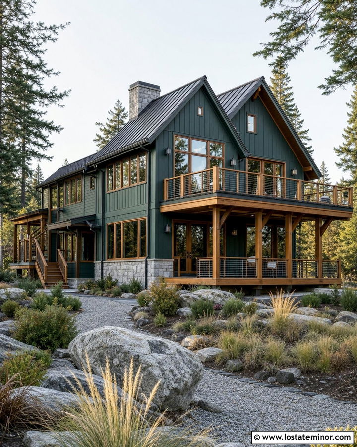 Hunter Green Lake House With Wood Window Frames And Metal Roof - 30 Hunter Green House Design With Window Frames Ideas