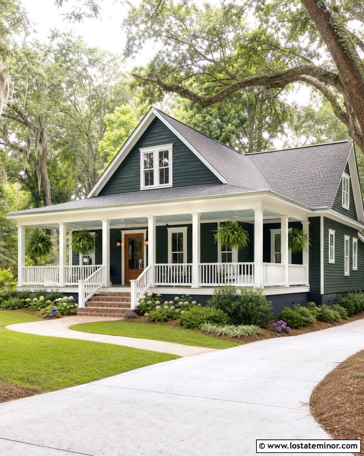 Hunter Green Lap Siding With A White Porch - 30 Hunter Green House Design With Siding Ideas