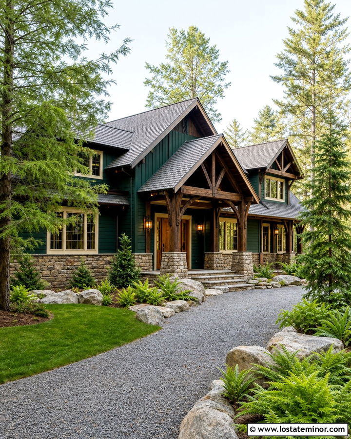 Hunter Green Lodge With Crushed Stone Driveway - 30 Hunter Green House Design With Driveway Ideas