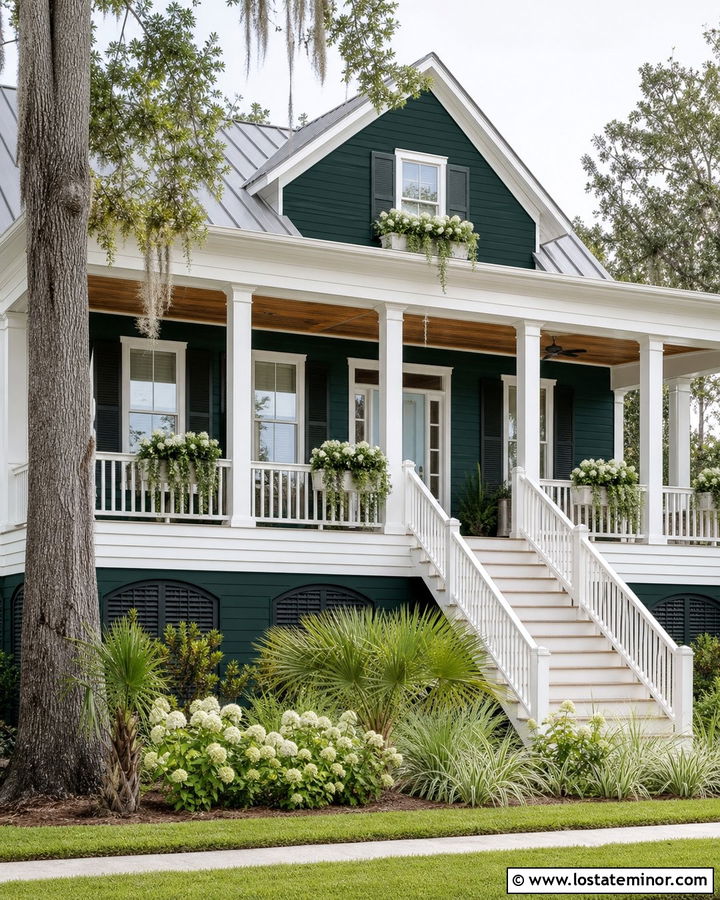 Hunter Green Low Country House With White Window Boxes - 30 Hunter Green House Design With Window Boxes Ideas