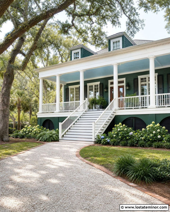 Hunter Green Lowcountry House With Oyster Shell Driveway - 30 Hunter Green House Design With Driveway Ideas