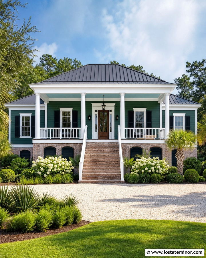 Hunter Green Lowcountry House With Raised Portico - 30 Hunter Green House Design With Portico Ideas