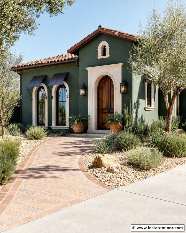 Hunter Green Mediterranean House With Bronze Awning - 30 Hunter Green House Design With Awning Ideas