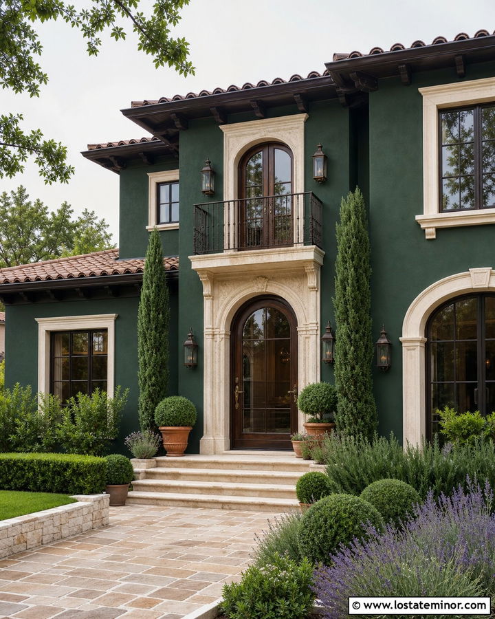 Hunter Green Mediterranean House With Bronze Storm Door - 30 Hunter Green House Design With Storm Door Ideas