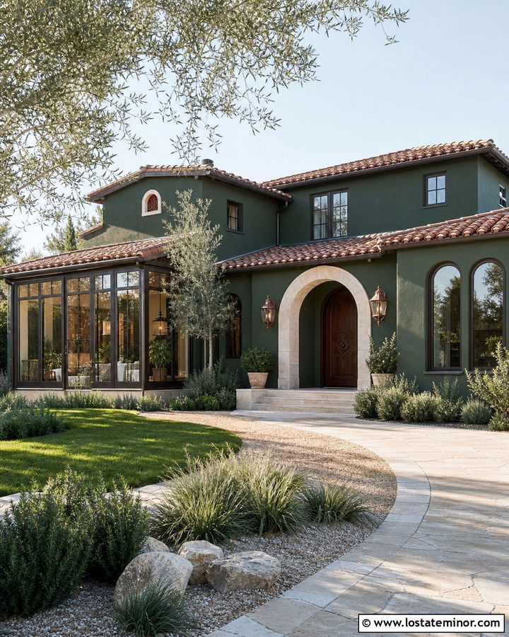 Hunter Green Mediterranean House With Courtyard Sunroom - 30 Hunter Green House Design With Sunroom Ideas