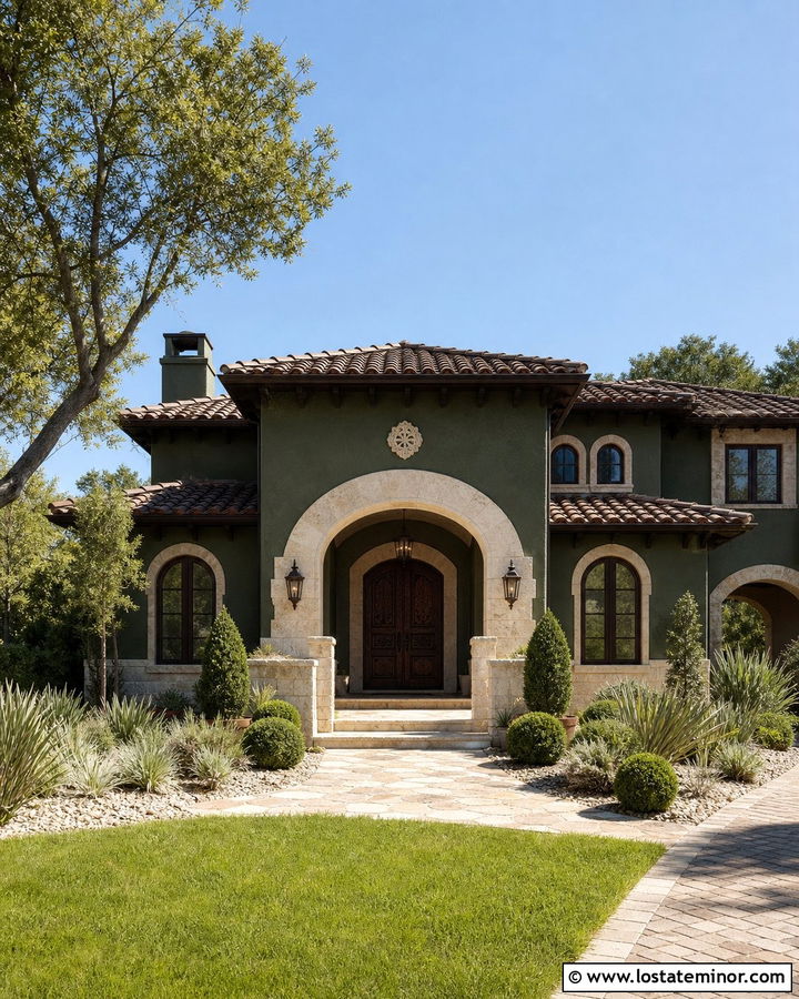 Hunter Green Mediterranean House With Stone Arch - 30 Hunter Green House Design With Stone Accents Ideas