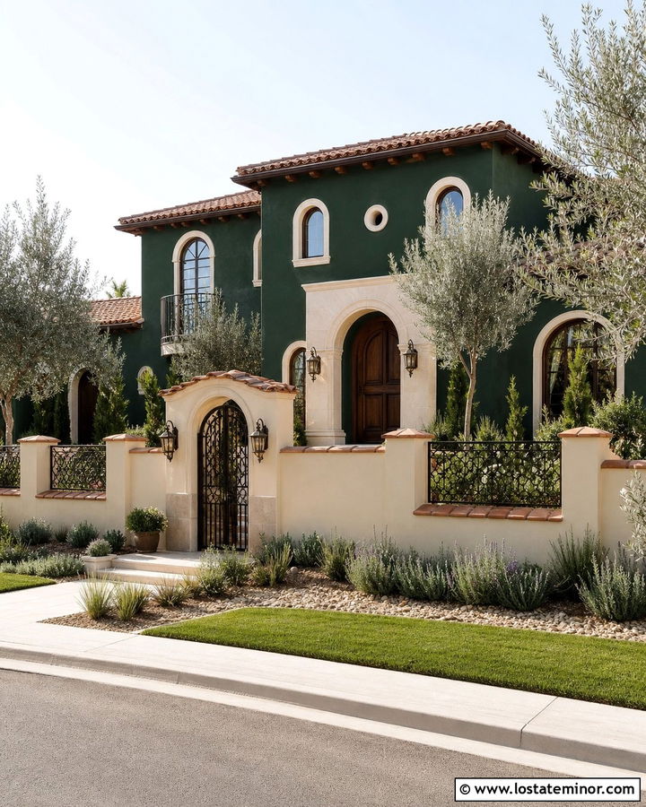 Hunter Green Mediterranean House With Stucco Wall Fence - 30 Hunter Green House Design With Fence Ideas