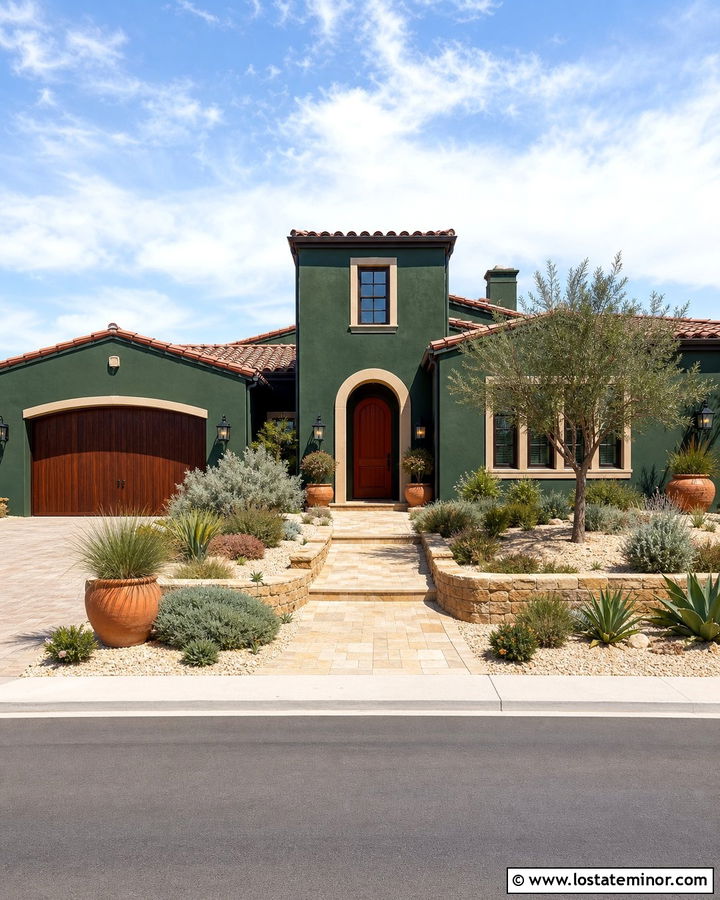 Hunter Green Mediterranean House With Terracotta Landscaping - 30 Hunter Green House Design With Landscaping Ideas