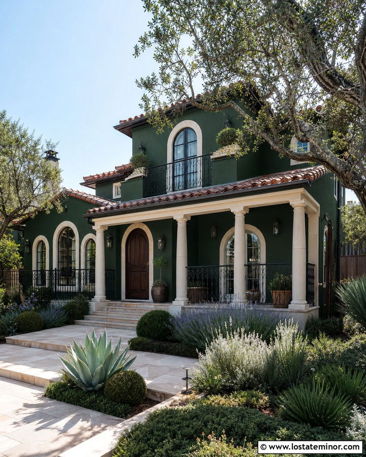 Hunter Green Mediterranean House With White Arched Window Frames - 30 Hunter Green House Design With Window Frames Ideas