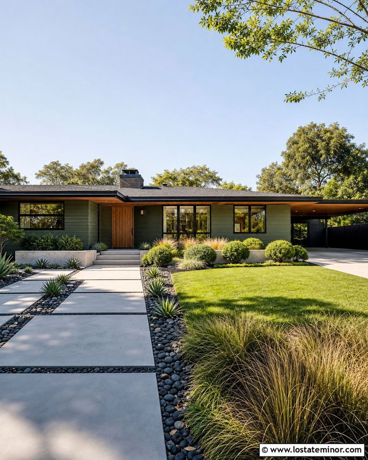 Hunter Green Mid Century House With Square Pavers - 30 Hunter Green House Design With Walkway Ideas