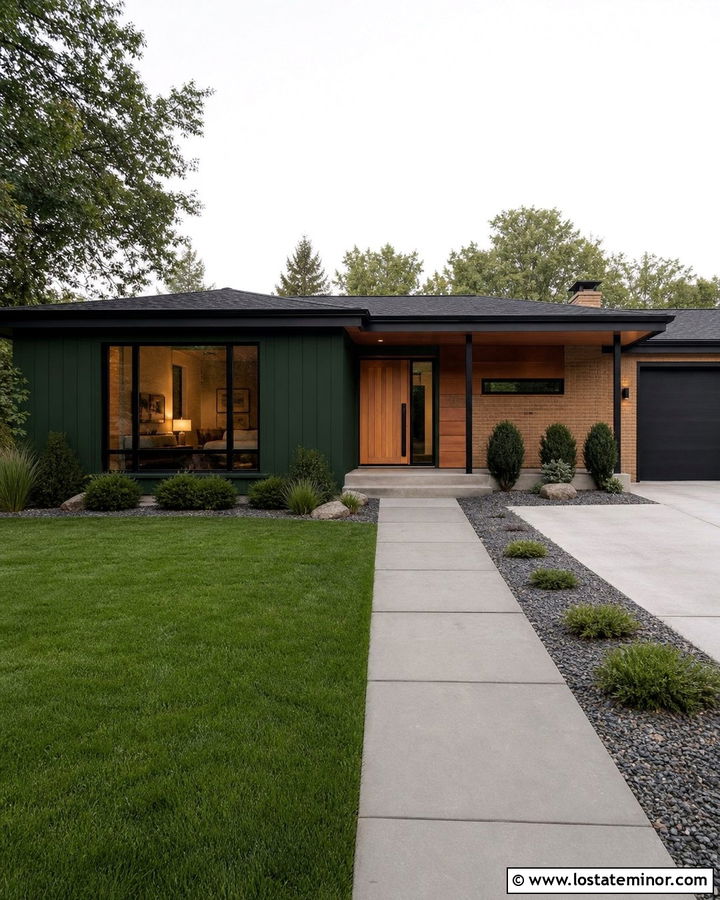 Hunter Green Midcentury House With Black Picture Windows - 30 Hunter Green House Design With Window Frames Ideas