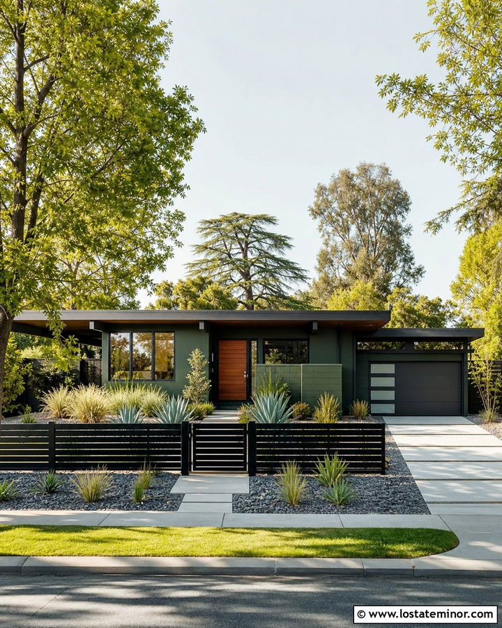 Hunter Green Midcentury House With Black Slat Fence - 30 Hunter Green House Design With Fence Ideas