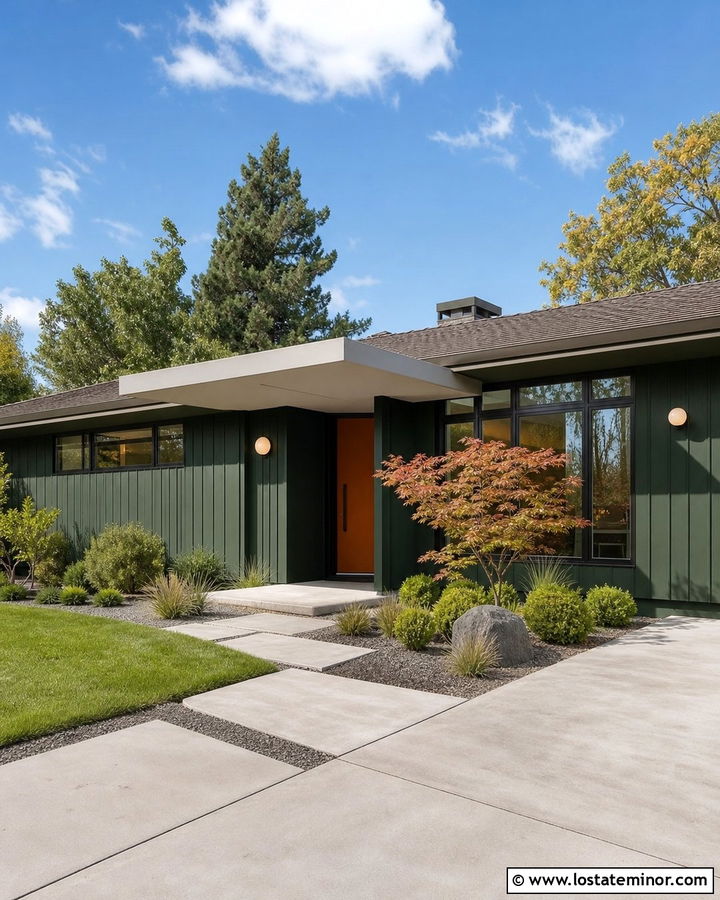 Hunter Green Midcentury House With Cantilevered Awning - 30 Hunter Green House Design With Awning Ideas