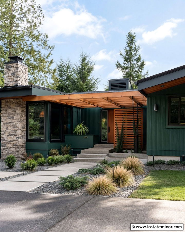 Hunter Green Midcentury House With Cedar Pergola - 30 Hunter Green House Design With Pergola Ideas