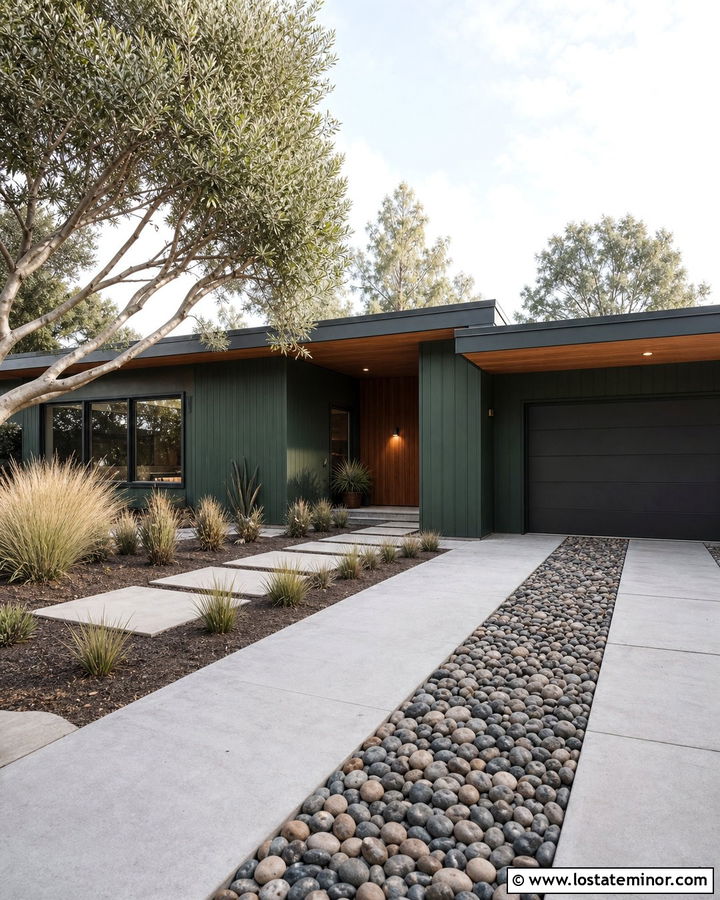 Hunter Green Midcentury House With Concrete Strip Driveway - 30 Hunter Green House Design With Driveway Ideas