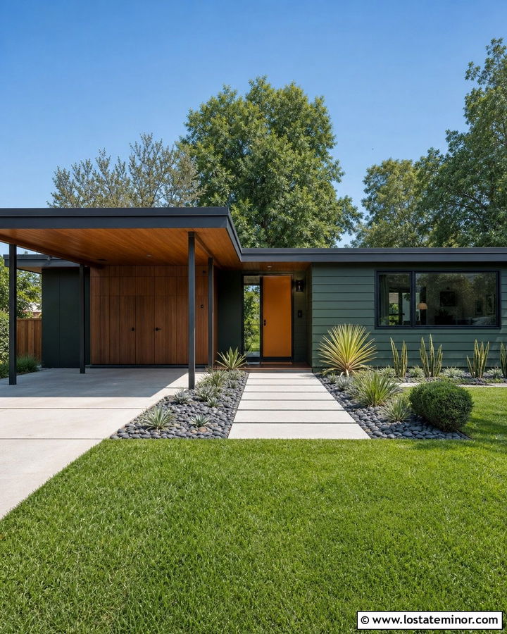 Hunter Green Midcentury House With Flat Roof Carport - 30 Hunter Green House Design With Carport Ideas