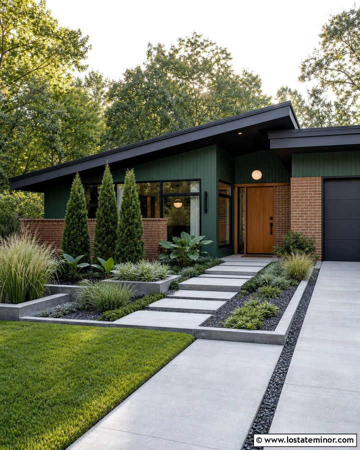 Hunter Green Midcentury House With Geometric Landscaping - 30 Hunter Green House Design With Landscaping Ideas
