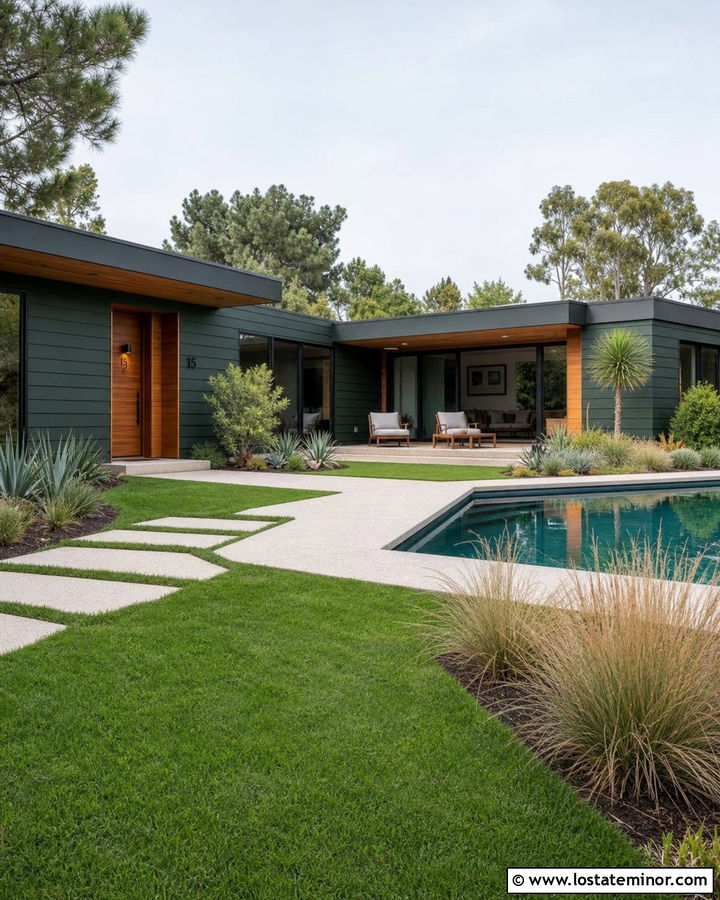 Hunter Green Midcentury House With Geometric Pool - 30 Hunter Green House Design With Swimming Pool Ideas