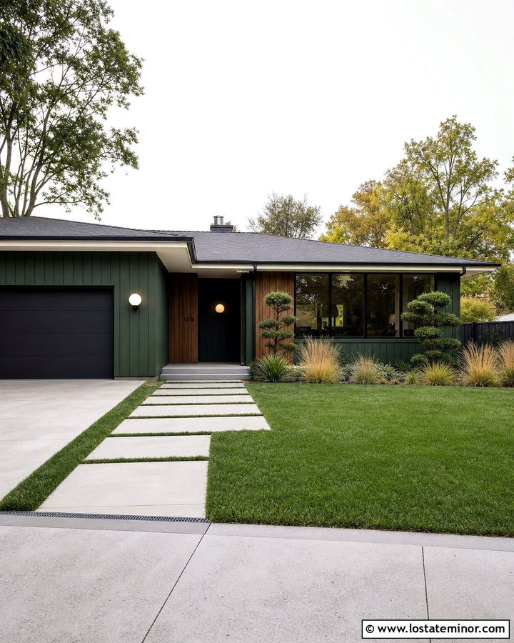 Hunter Green Midcentury House With Globe Sconces - 30 Hunter Green House Design With Light Fixtures Ideas