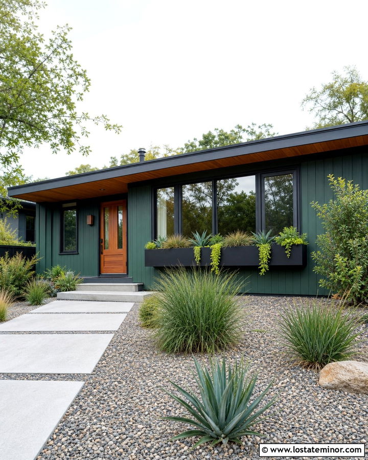 Hunter Green Midcentury House With Metal Window Boxes - 30 Hunter Green House Design With Window Boxes Ideas