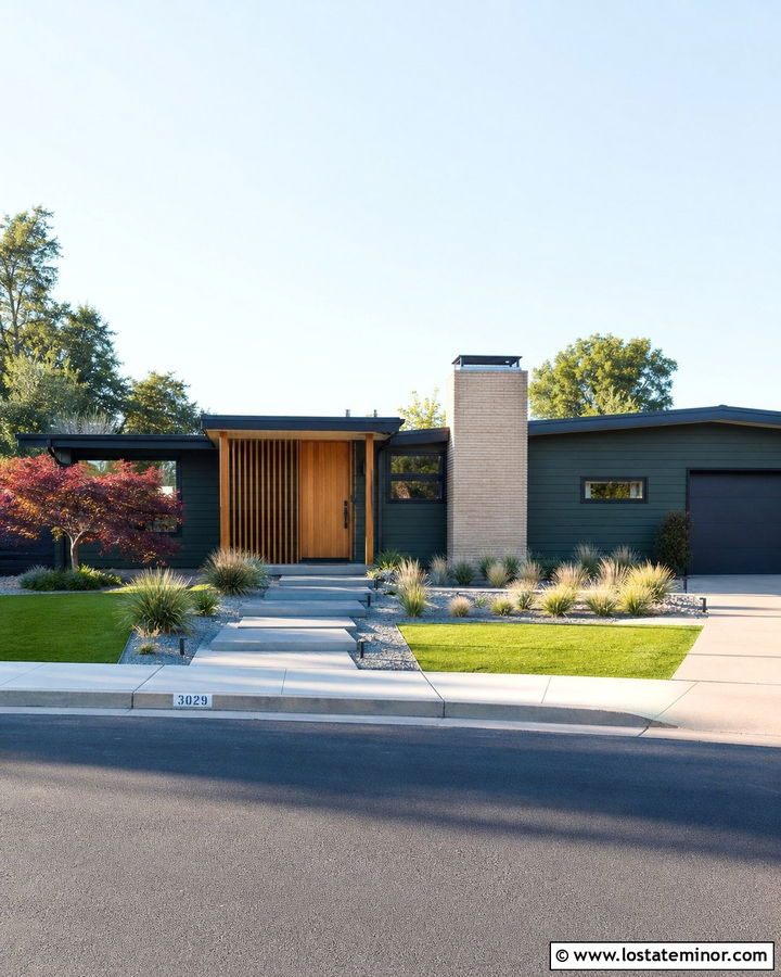 Hunter Green Midcentury House With Wood Slat Portico - 30 Hunter Green House Design With Portico Ideas