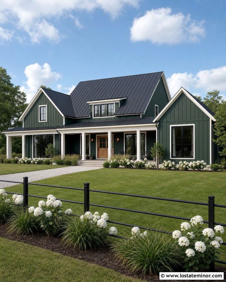 Hunter Green Modern Farmhouse With Black Metal Fence - 30 Hunter Green House Design With Fence Ideas
