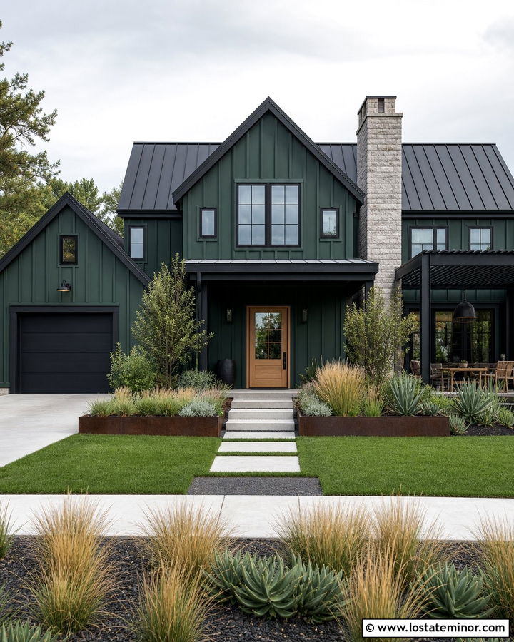 Hunter Green Modern Farmhouse With Black Pergola - 30 Hunter Green House Design With Pergola Ideas