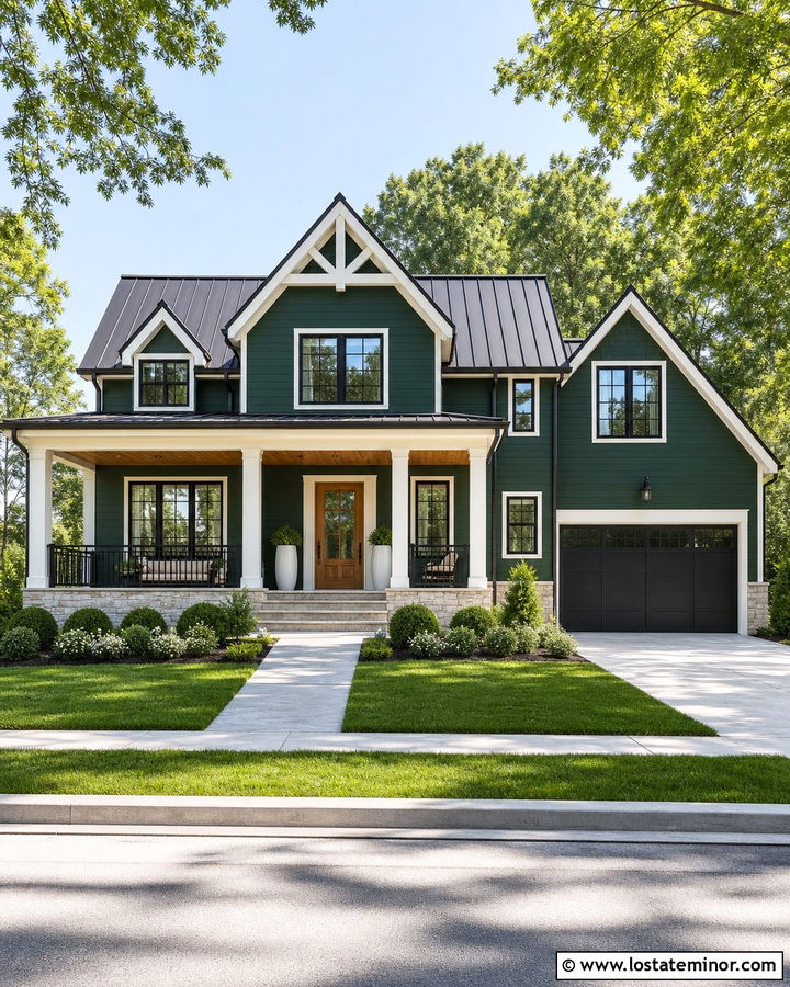 Hunter Green Modern Farmhouse With Black Railings - 30 Hunter Green House Design With Railings Ideas