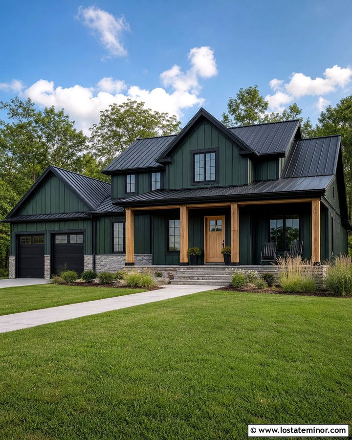 Hunter Green Modern Farmhouse With Black Window Frames - 30 Hunter Green House Design With Window Frames Ideas