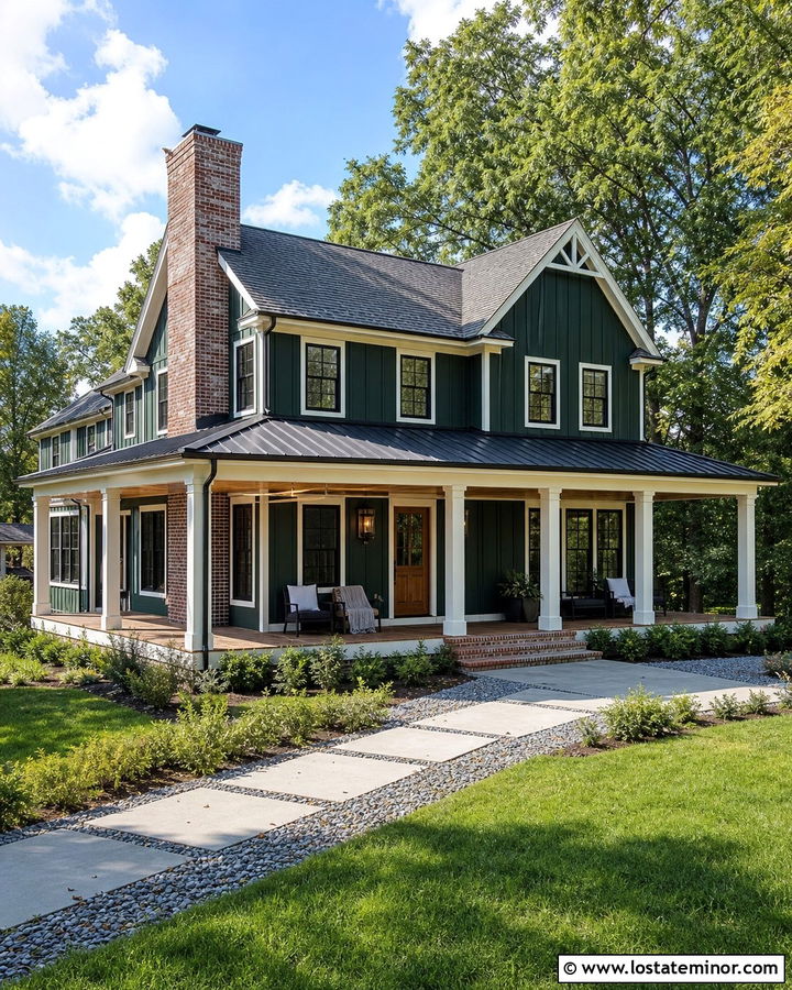 Hunter Green Modern Farmhouse With Brick Chimney - 30 Hunter Green House Design With Chimney Ideas