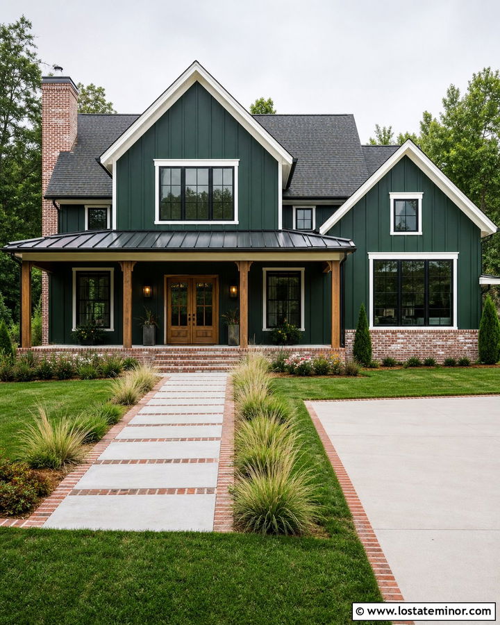 Hunter Green Modern Farmhouse With Brick - 30 Hunter Green House Design With Brick Accents Ideas