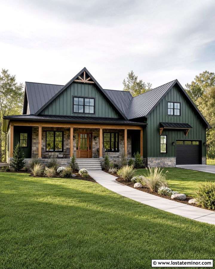Hunter Green Modern Farmhouse With Gray Stone - 30 Hunter Green House Design With Stone Accents Ideas