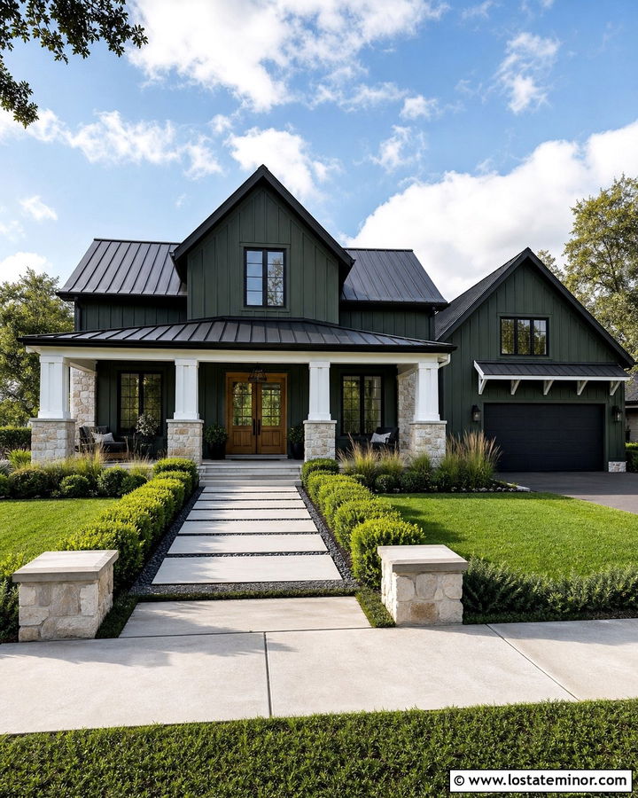 Hunter Green Modern Farmhouse With Limestone Columns - 30 Hunter Green House Design With Porch Columns Ideas