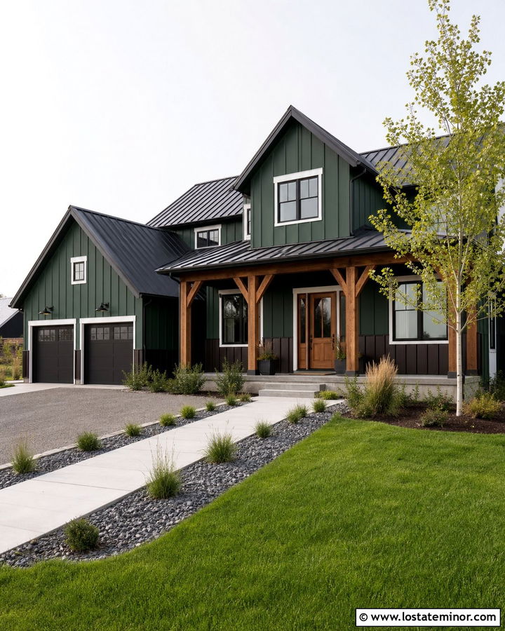 Hunter Green Modern Farmhouse With Metal Wainscoting - 30 Hunter Green House Design With Wainscoting Ideas
