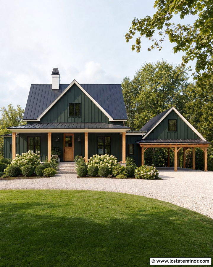 Hunter Green Modern Farmhouse With Open Carport - 30 Hunter Green House Design With Carport Ideas