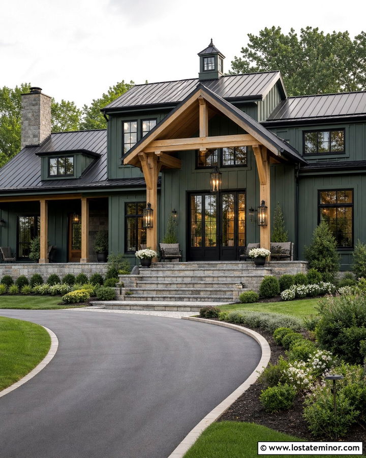 Hunter Green Modern Farmhouse With Oversized Lanterns - 30 Hunter Green House Design With Light Fixtures Ideas