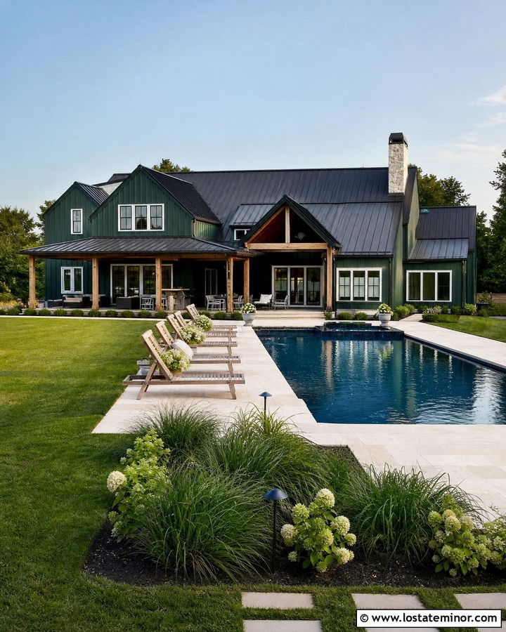 Hunter Green Modern Farmhouse With Rectangular Pool - 30 Hunter Green House Design With Swimming Pool Ideas