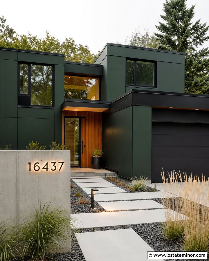 Hunter Green Modern House With Backlit Numbers - 30 Hunter Green House Design With House Numbers Ideas