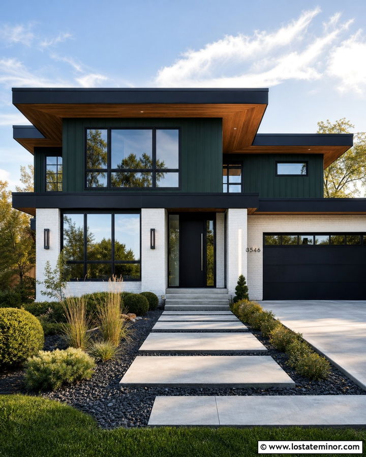 Hunter Green Modern House With Black Window Frames And White Brick - 30 Hunter Green House Design With Window Frames Ideas