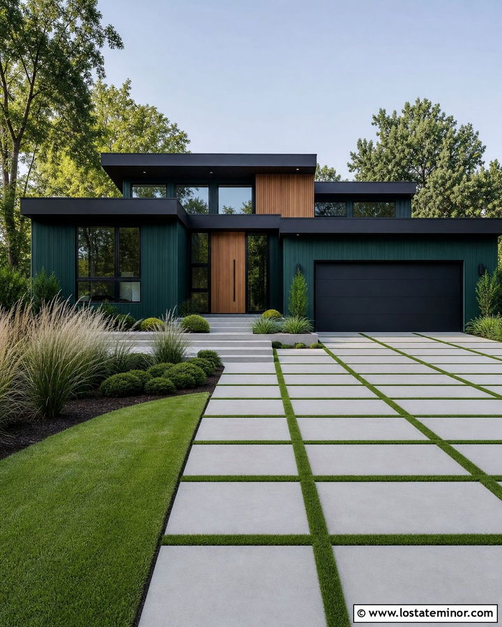 Hunter Green Modern House With Concrete Grid Driveway - 30 Hunter Green House Design With Driveway Ideas