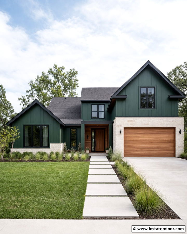 Hunter Green Modern House With Flat Look Shingles - 30 Hunter Green House Design With Shingles Ideas