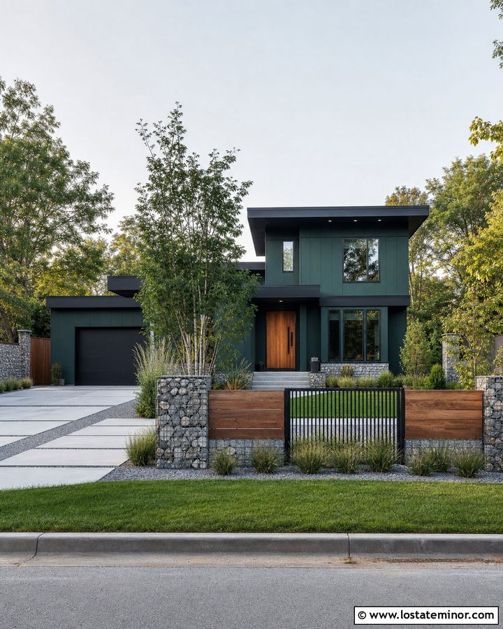 Hunter Green Modern House With Gabion Fence - 30 Hunter Green House Design With Fence Ideas