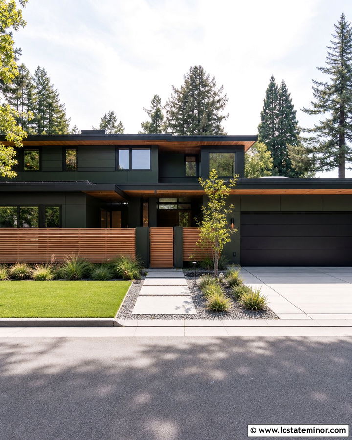Hunter Green Modern House With Horizontal Cedar Fence - 30 Hunter Green House Design With Fence Ideas