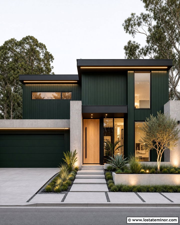 Hunter Green Modern House With Linear Lighting - 30 Hunter Green House Design With Lighting Ideas