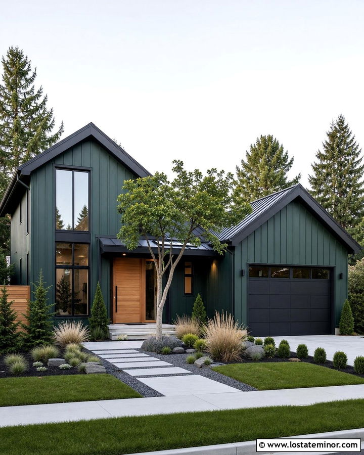 Hunter Green Modern House With Ornamental Grasses - 30 Hunter Green House Design With Landscaping Ideas