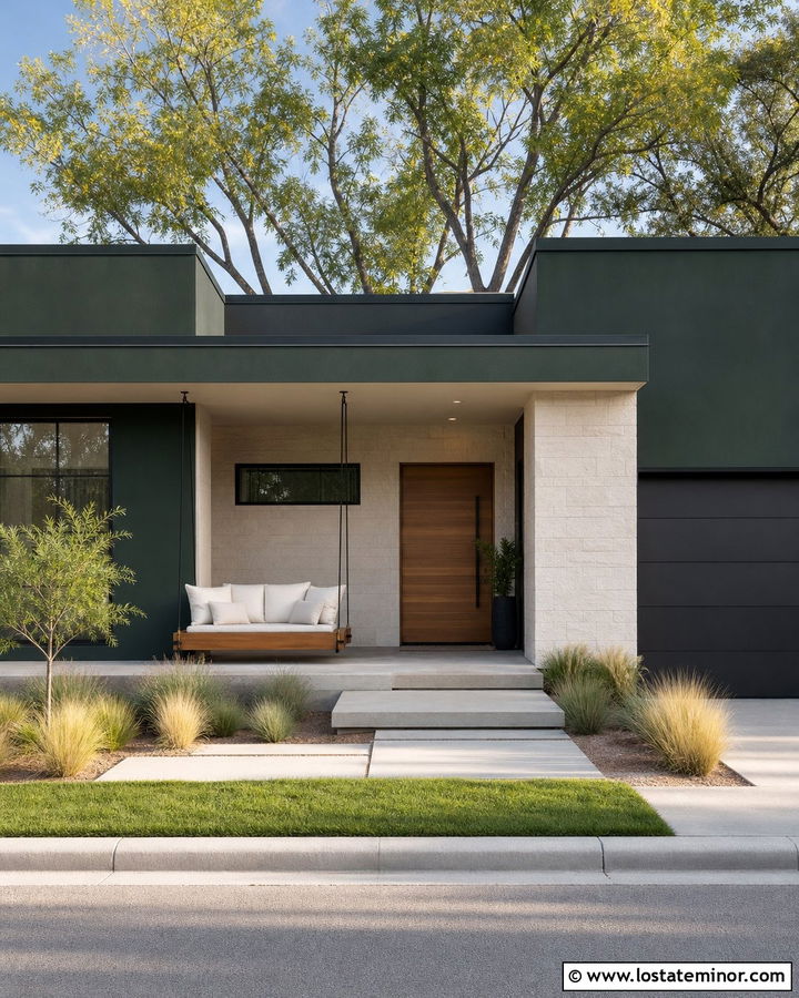 Hunter Green Modern House With Platform Swing - 30 Hunter Green House Design With Swing Ideas