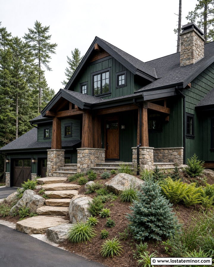 Hunter Green Mountain House With Boulder Walkway - 30 Hunter Green House Design With Walkway Ideas