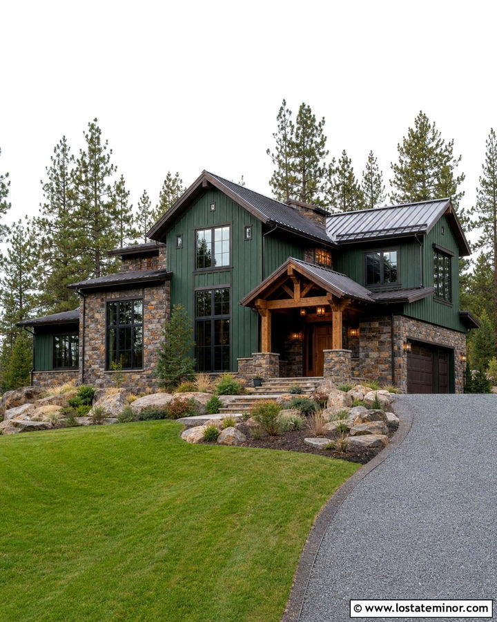 Hunter Green Mountain House With Bronze Window Frames And Stone - 30 Hunter Green House Design With Window Frames Ideas