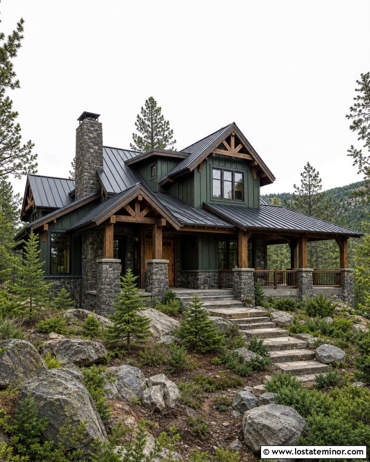 Hunter Green Mountain House With Granite - 30 Hunter Green House Design With Stone Accents Ideas