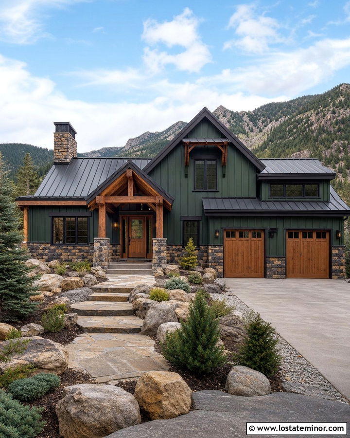 Hunter Green Mountain House With Rustic Stone Wainscoting - 30 Hunter Green House Design With Wainscoting Ideas